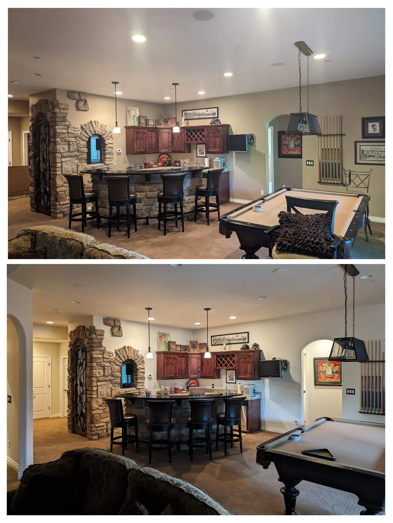 Professional interior painting services in Denver, featuring a high-end home bar area with custom cabinetry, stone accent walls, and a pool table.