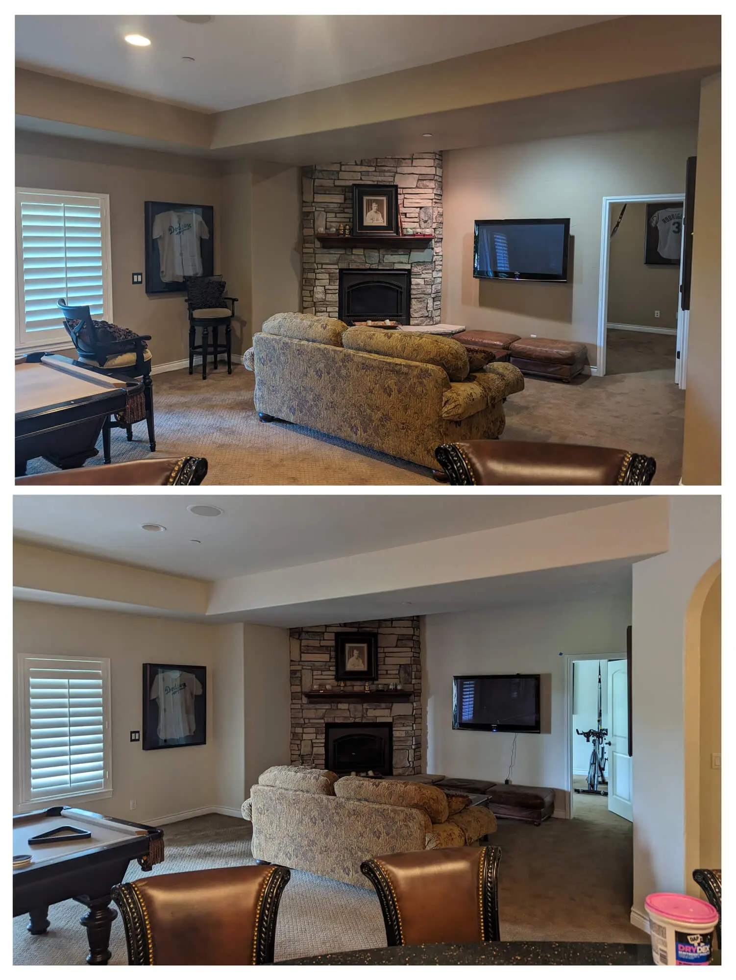 Professional basement renovation showcasing a custom wet bar, billiard table, and quality interior painting services by Accent Painting in Denver, CO.