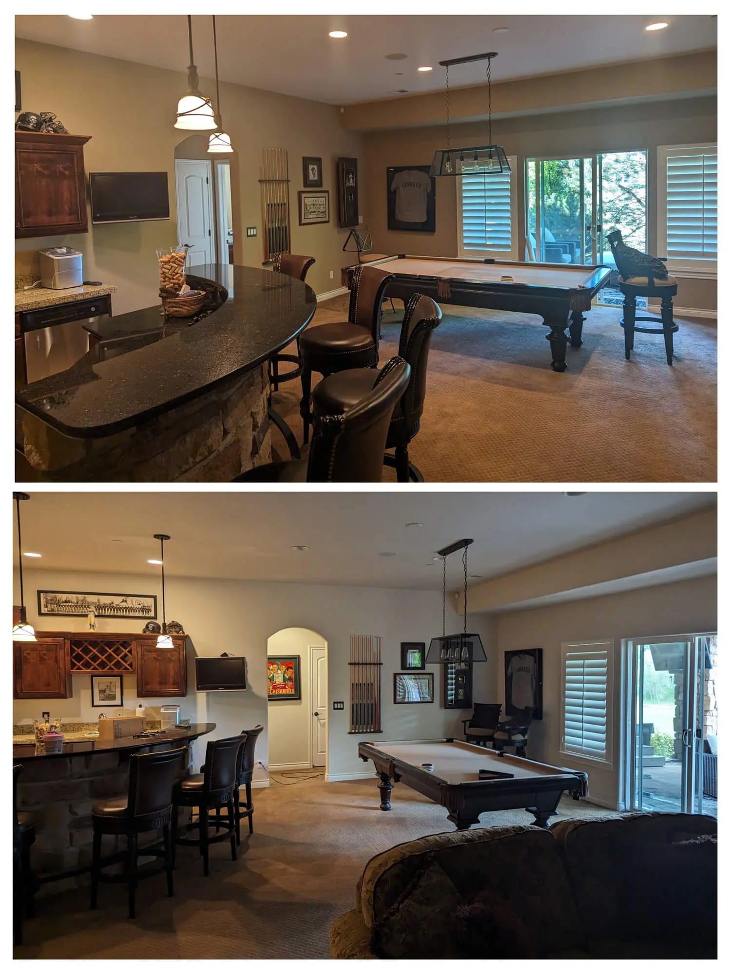Professional basement renovation featuring a custom wet bar, billiard table, and quality interior painting services by Accent Painting in Denver, CO.