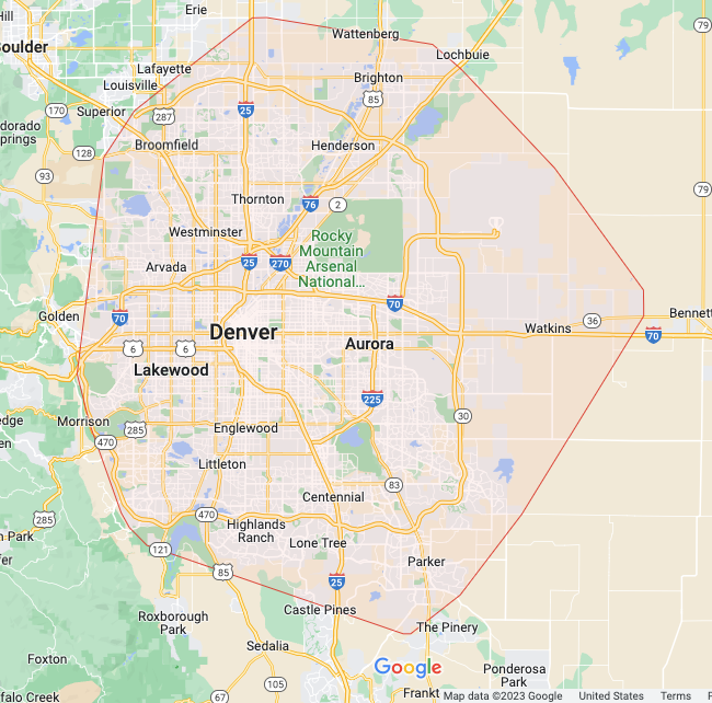 Denver area map showing interior and exterior painting service areas