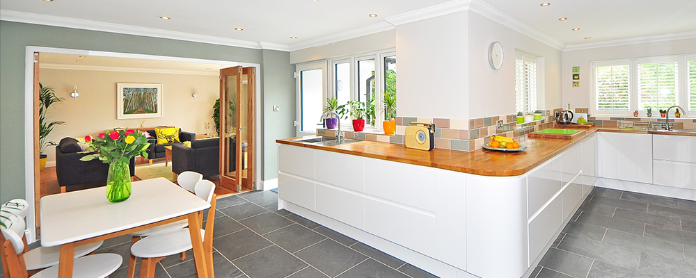 Modern kitchen with subtle moss green painted accent wall