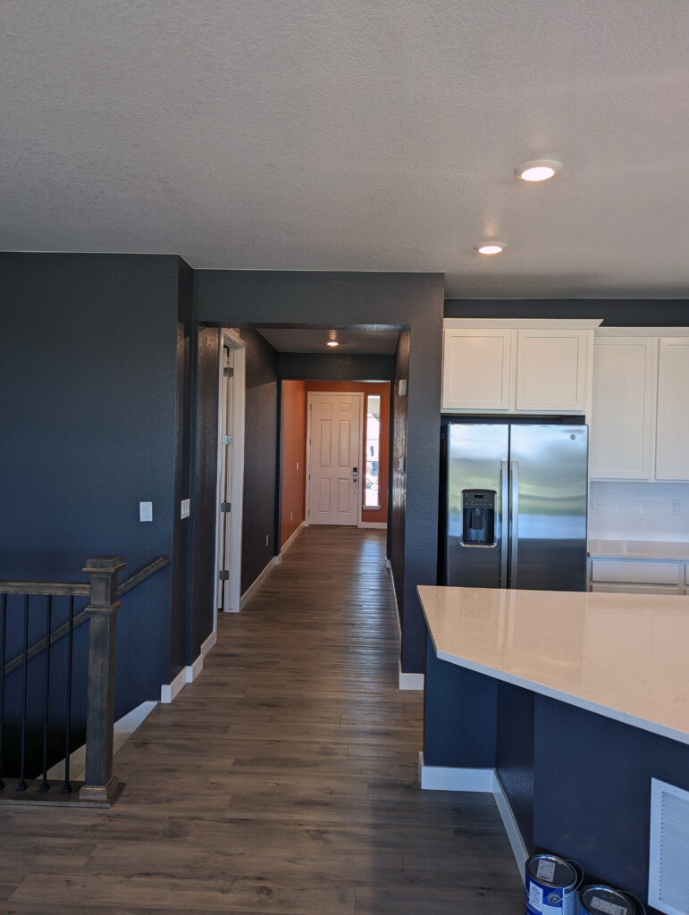 Interior of home kitchen painted dark blue