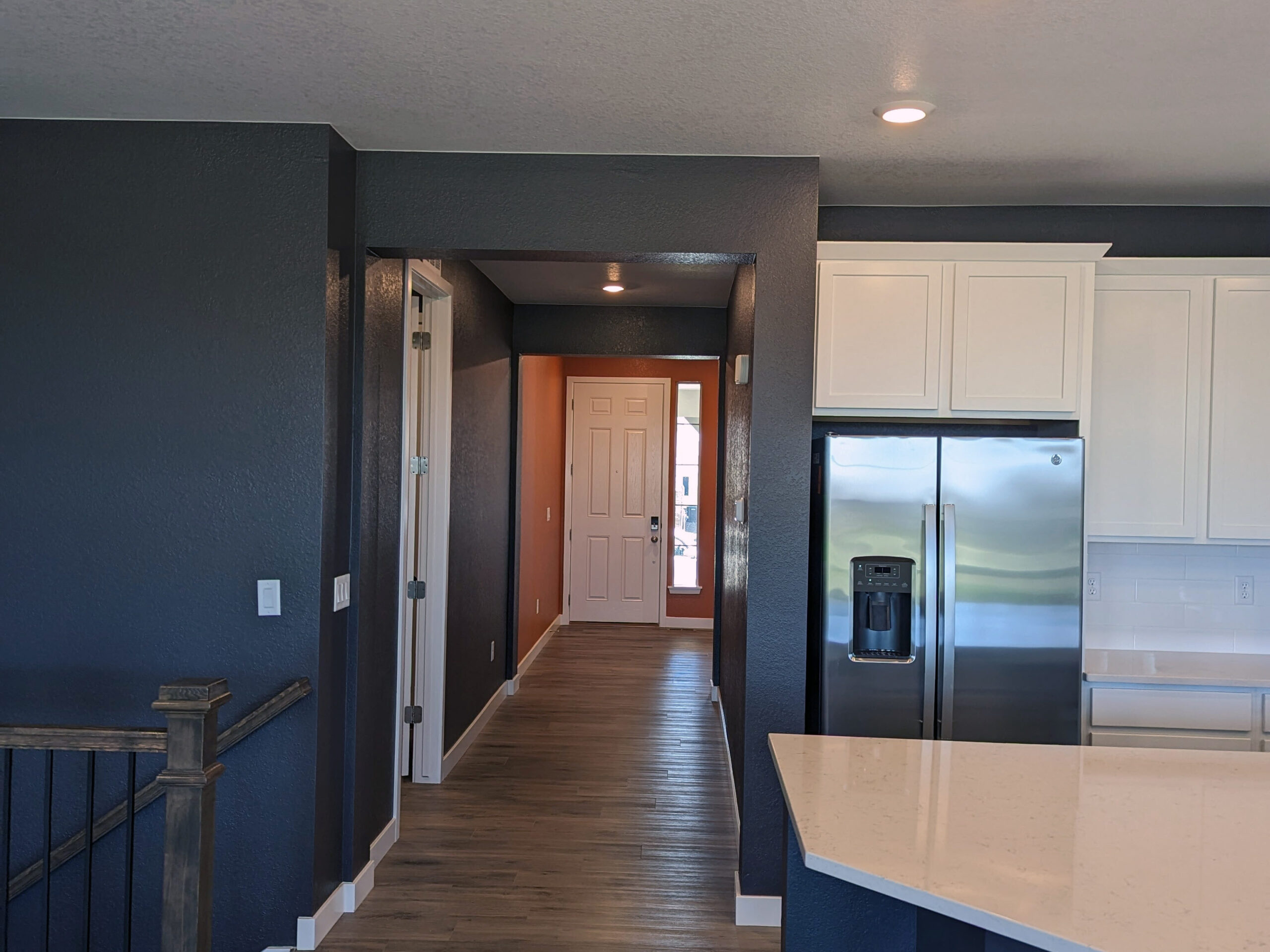 Interior of home kitchen painted dark blue