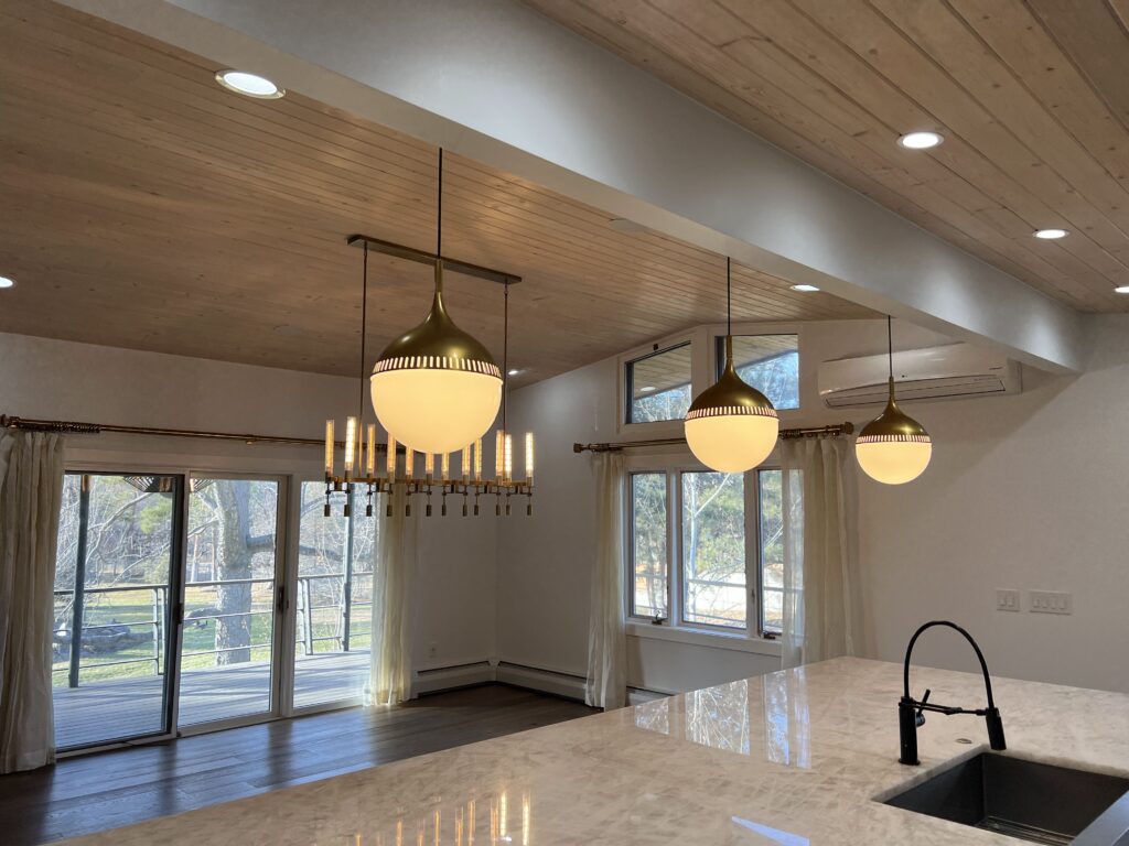 Home kitchen interior with modern globe lights